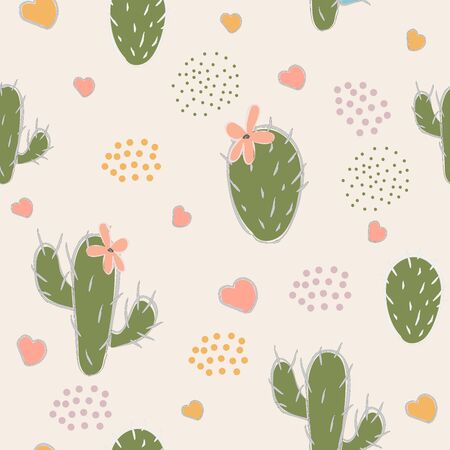 Cute seamless pattern with green cacti, grouped dots and hearts on white paper background. Vector Illustrationのイラスト素材