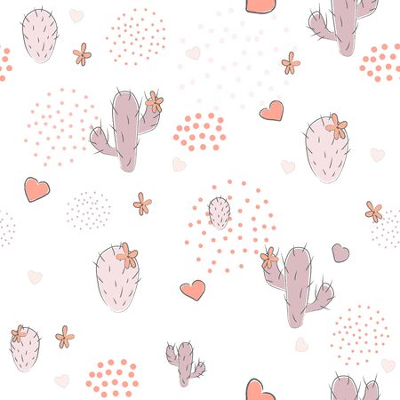 Hand Drawn Seamless Pattern with young alpacas, cacti and hearts on subtle background with dots. Great for textile, fabric, swatches, gift paper, page fill, etc. Vector Illustrationのイラスト素材