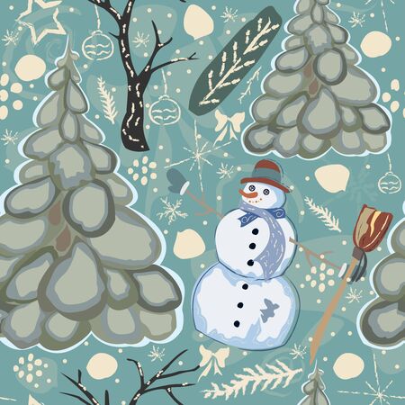 Colorful Seamless Winter Pattern with cute Snowman and Spruce Trees. Vector illustrationのイラスト素材