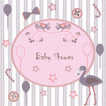 Baby Shower Invitation Card Design with flamingo, festive balloons, candy, bow, buttons, etc. Baby Shower Collection. Vector Illustrationのイラスト素材