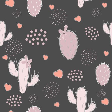 Cute pink cacti and hearts on black background. Vector Illustrationのイラスト素材