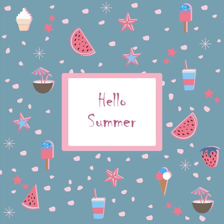 Summer Seamless Pattern. Stylized Summer Elements with shadows. Vector Illustrationのイラスト素材