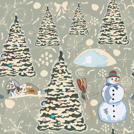 Colorful Winter Pattern with Snowman, Decorated Spruce trees and bunny in Snow. Winter Collection. Vector Illustrationのイラスト素材