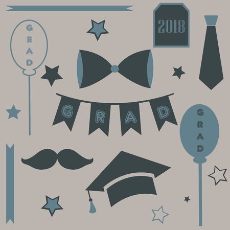 Graduation Package. Two Thousand Eighteen. Paper Background with transparent bubbles. Bow, tie, balloons, stars, graduation cap, etc.のイラスト素材