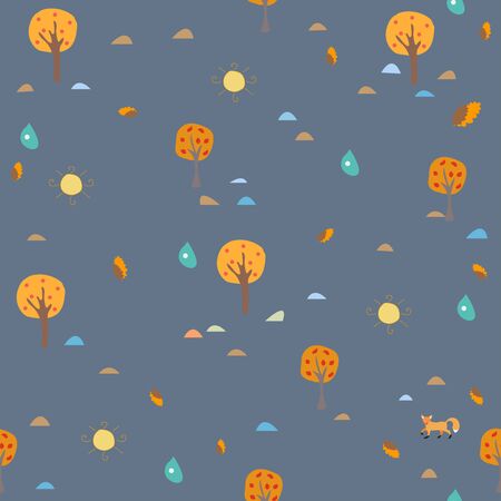 Seamless Autumn Pattern. Trees, Sun and drops of Rainのイラスト素材