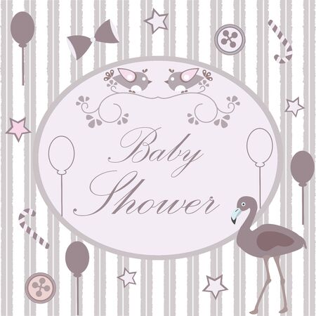 Baby Shower Invitation Card Design with flamingo, festive balloons, candy, bow, buttons, etc. Baby Shower Collection. Vector Illustrationのイラスト素材