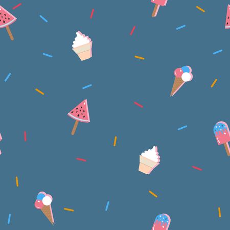 Cute Ice cream pattern with vanilla ice cream, chocolate ice cream, ice cream in a cone, sprinkles and scoops. Vector Illustrationのイラスト素材