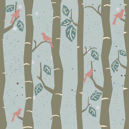 Seamless Tree Pattern with big birds and leaves. Vector Illustration.のイラスト素材