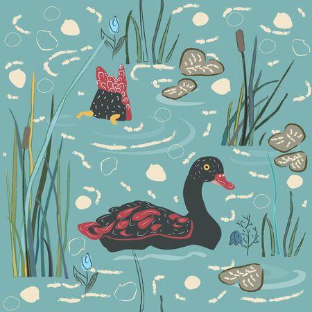 Duck Bird Seamless Pattern. Ducks on the lake. Vector Illustrationのイラスト素材
