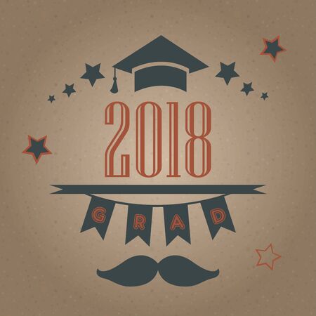 Grad of Class 2018 with mustache, graduation cap and stars. Retro Style Collection. Festive bubbly background. Vector Illustrationのイラスト素材