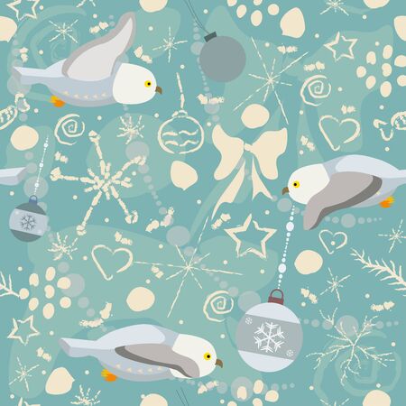Cute Seamless Winter Pattern with owls and winter doodles. Vector Illustration.のイラスト素材