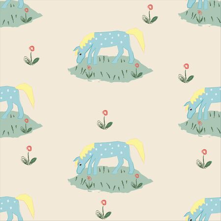 Seamless pattern with funny hand drawn blue horse with stains. Childish fairy tale Style. Repeating Pattern. Vector Illustrationのイラスト素材