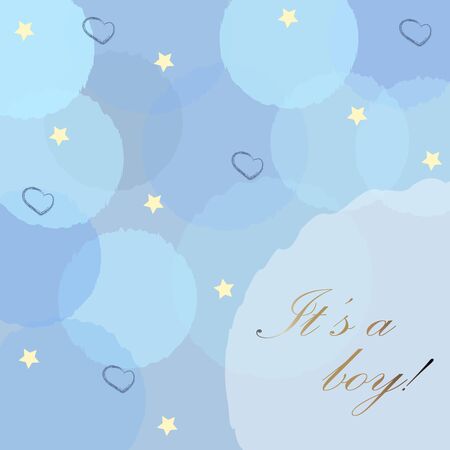 Baby Boy Birth announcement with blue bubbles, stars and hearts on modern bubbly background.のイラスト素材