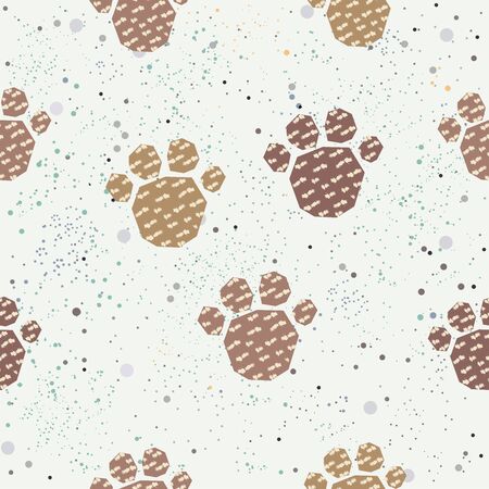 Cute Pattern with Golden dog paws with pastel blue stripes on beige background with tiny dots. Hand Drawn Design. Great for wall art design, gift paper, wrapping, fabric, textile, etc.のイラスト素材