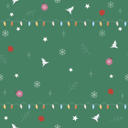Seamless pattern with ornaments, garland, snowflakes, spruce branches and stars on a green background. Vector illustration.Winter Collectionのイラスト素材