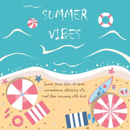 Summer Vector Illustration. Seashore with summer beach objects. From Summer Collection. Background template. For cards, postcards, posters, banners, etc.のイラスト素材