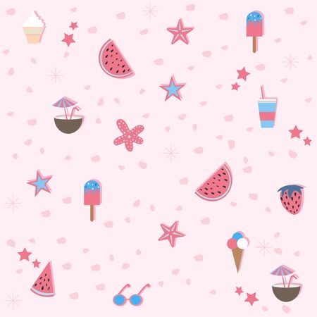 Summer Seamless Pattern. Stylized Summer Elements with shadows. Vector Illustrationのイラスト素材