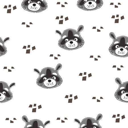 Seamless Pattern with cute hand drawn Raccoons (heads). Scandinavian Style.のイラスト素材