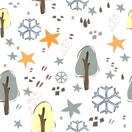 Seamless Winter Pattern with Hand Drawn Snowflakes. Scandinavian Style mixed with abstract terracotta. Merry Christmas Texture.のイラスト素材