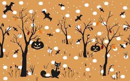 Halloween Background with silhouettes. Seamless Pattern. Halloween Vector Card, texture or background. Vector Art.のイラスト素材