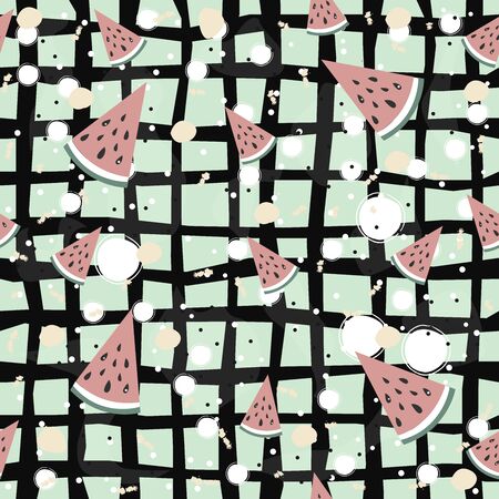 Seamless Pattern with watermelons on teal background. Vector Illustration