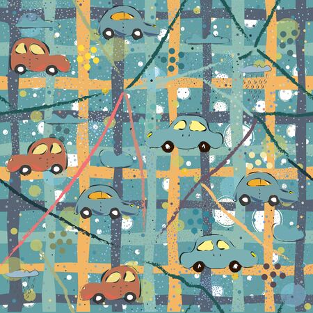 Seamless Pattern with Hand Drawn Cars. Scandinavian Style. Vector Illustrationのイラスト素材