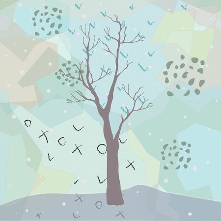 Winter Tree on a cold looking background with mountains and snowy sky. Season Nature. Snowy Natural Landscape. Cozy Winter Accent. Vector Illustration.のイラスト素材