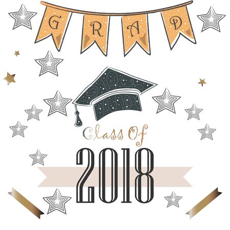 Graduation Class of Two Thousand Eighteen. Dark Background with Golden Elements. Rich Golden Graduation Collection. Vector Illustrationのイラスト素材