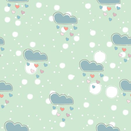 Cute Seamless pattern with hearts and clouds raining hearts on paper background. Vector Illustrationのイラスト素材