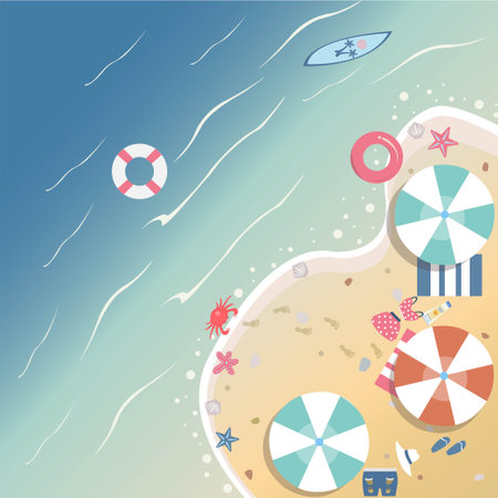 Summer Vector Illustration. Seashore with summer beach objects. From Summer Collection. Background template. For cards, postcards, posters, banners, etc.のイラスト素材