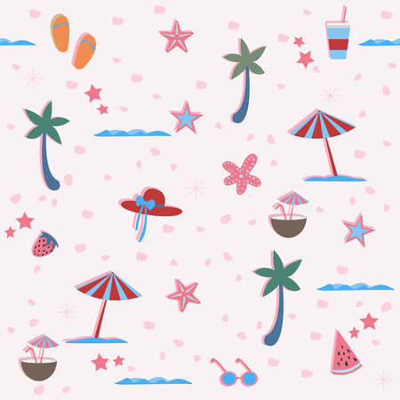 Summer Seamless Pattern. Stylized Summer Elements with shadows. Vector Illustration