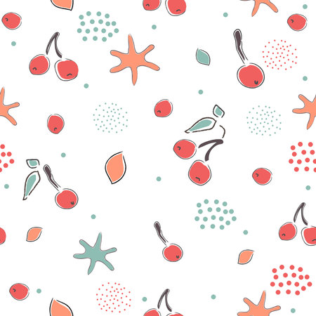 Cute Seamless Winter Pattern with red berries, snowflakes and leaves on white background with tiny dots. Hand Drawn Design. Great for wall art design, gift paper, wrapping, fabric, textile, etc.のイラスト素材