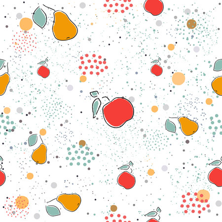 Cute Seamless Pattern with pears and dotted background. hand Drawn Delicate Design. Scandinavian Style. For cards, templates, gift paper, prints, decorations, templates, etc. Vector Illustrationのイラスト素材
