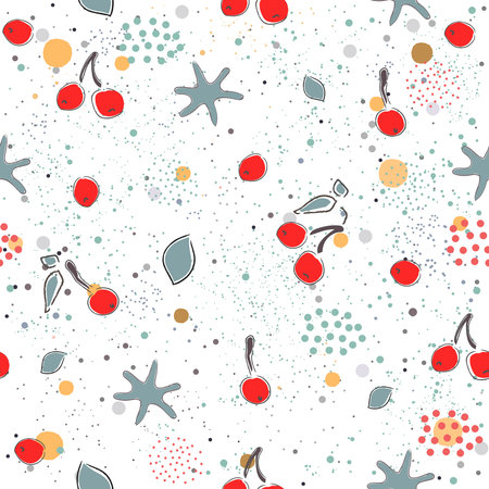 Cute Seamless Pattern with pears and dotted background. hand Drawn Delicate Design. Scandinavian Style. For cards, templates, gift paper, prints, decorations, templates, etc. Vector Illustrationのイラスト素材