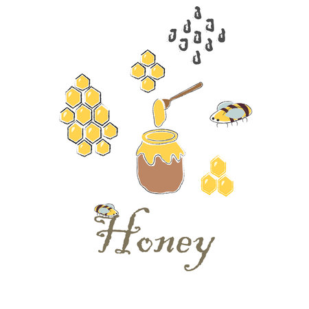 Cute Seamless Pattern with Honey and bees. Scandinavian Hand Drawn Style. Vector Illustrationのイラスト素材