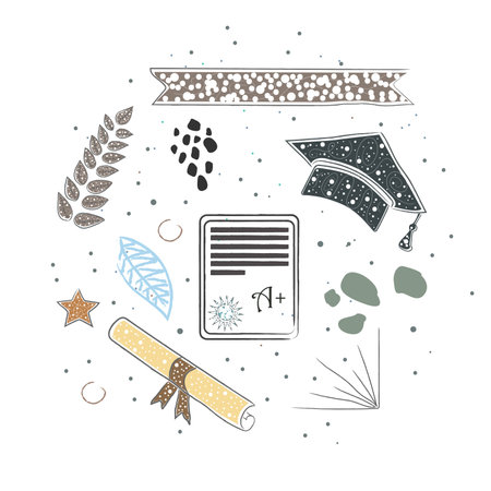Graduation Package. Scandinavian Style, hand drawn design. Bow, tie, cap, mustacheのイラスト素材