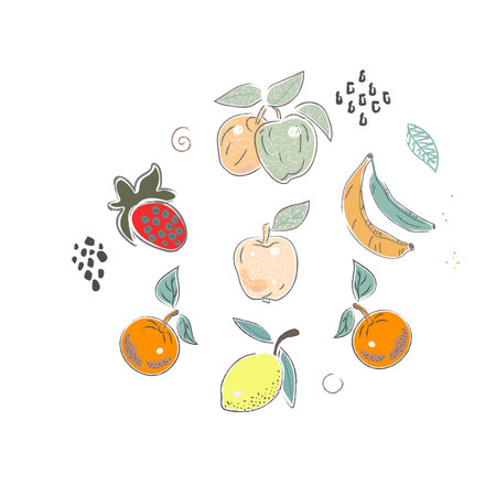 Cute Icon withlots of fruits. Hand Drawn Scandinavian Style. Vector Illustrationのイラスト素材