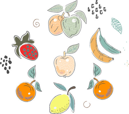 Cute Icon withlots of fruits. Hand Drawn Scandinavian Style. Vector Illustrationのイラスト素材