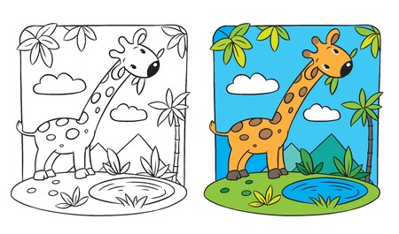 Coloring picture  coloring book  of giraffe on a green lawnのイラスト素材