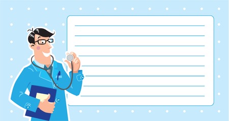 Design template with smiley doctor in light-blue coat with stethoscope and medical cardのイラスト素材