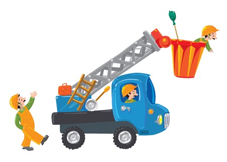 Three funny workers  house painters  and machine-lift   machine-elevator  のイラスト素材