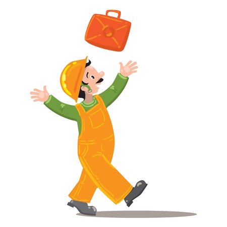 a happy worker in an orange jumpsuit and orange helmet throws up a suitcase with toolsのイラスト素材