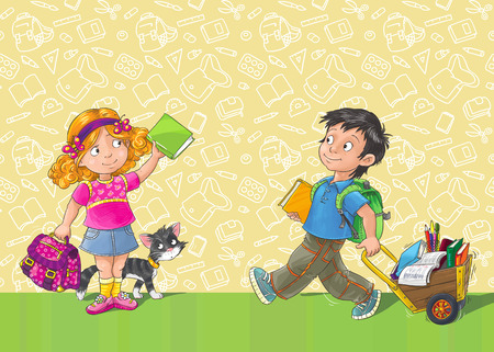 Poster with schoolboy and schoolgirl  first-grader , and place for you text の写真素材