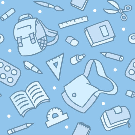 School seamless pattern of education equipment  bag, book, copybook, diary, ruler, pen, pencil, pencil box, glue, eraser のイラスト素材