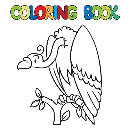 Coloring book or coloring picture of funny vulture sitting high on a branch above the Prairie.のイラスト素材