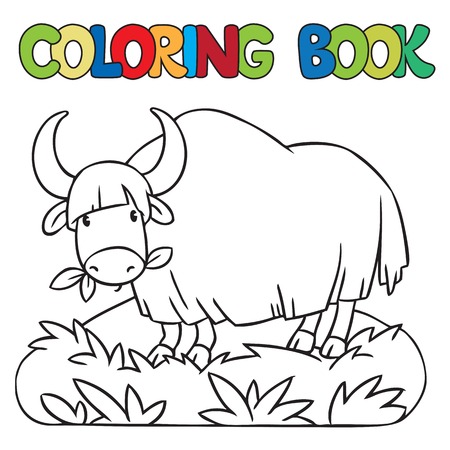 Coloring book or coloring picture of funny grazing wild yakのイラスト素材