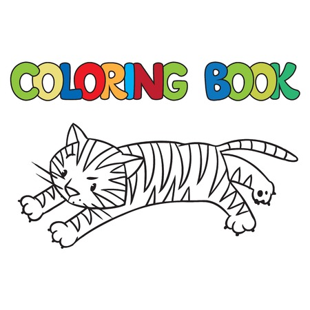 Coloring book or coloring picture of of little funny tiger jumping out of the jungleのイラスト素材