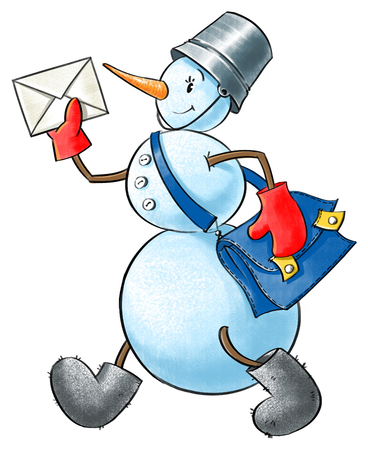Funny smiley snowman with letter and postman bag. Children illustrationの写真素材