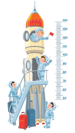 Meter wall or height meter with rocket and four small smiley boys-astronauts. Children vector illustrationのイラスト素材