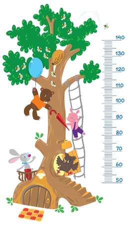 Meter wall or height meter with big tree and funny rabbit, piglet, owl and bear with balloonのイラスト素材